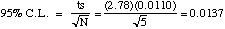 95%C.L. = ts/sqrt(N) = (2.78)(0.0110)/sqrt(5) = 0.0137